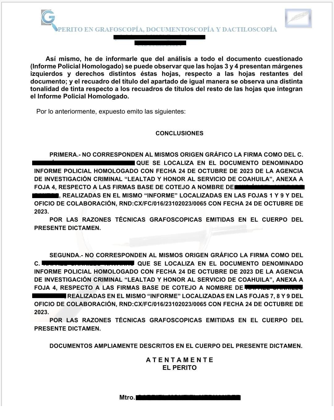 CONCLUSIONES DEL PERITO, "DETERMINÓ QUE SE FALSIFICARON LOS DOCUMENTOS"